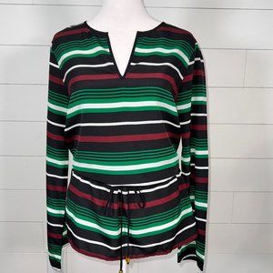 Michael Kors Green, Black and Burgundy Striped Long Sleeve Blouse Size M